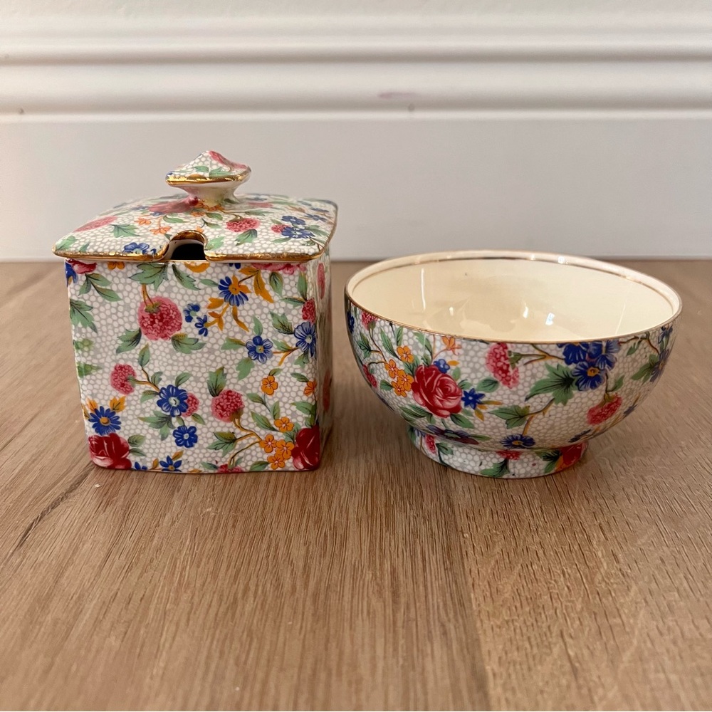 1934-50 Royal Winton Grimwades Old Cottage Jelly Sugar Jar With Lid & Bowl -RARE